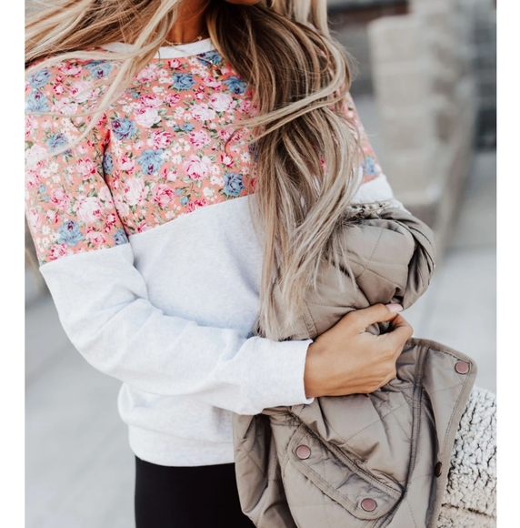 Floral Accent Pullover-Pink & Grey - Picture 2 of 5